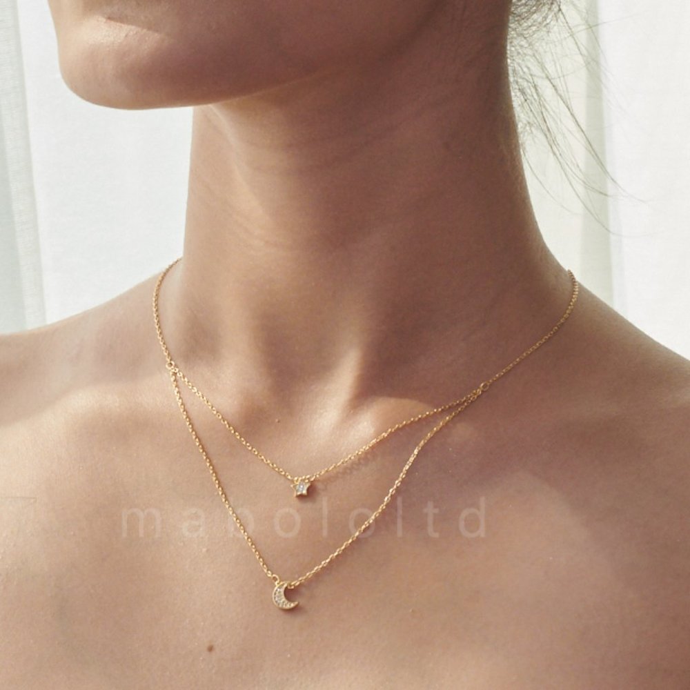 Moon and Star Double Chain Pendant Necklace